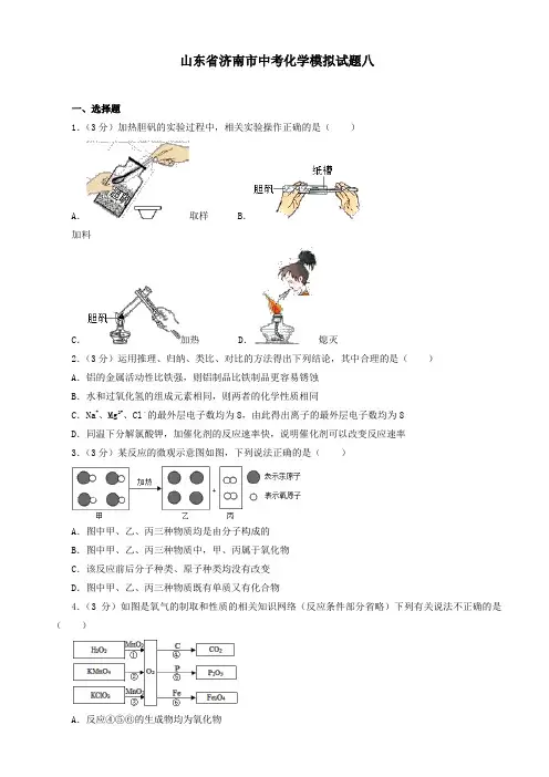山东省济南市中考化学模拟试题八(原卷版)
