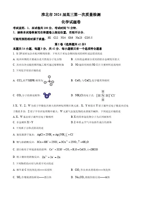 安徽省淮北市2024届高三第一次质量检测(一模)化学试题含答案解析