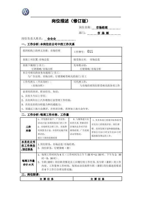 上海大众4S店市场经理岗位描述