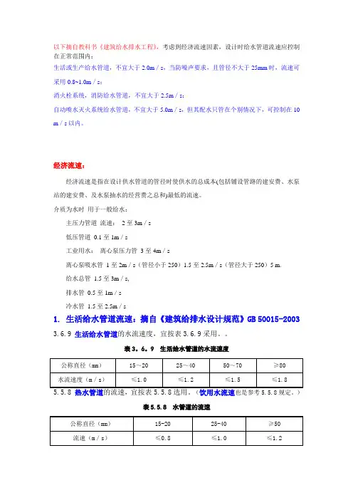 给排水管道流速常用数据