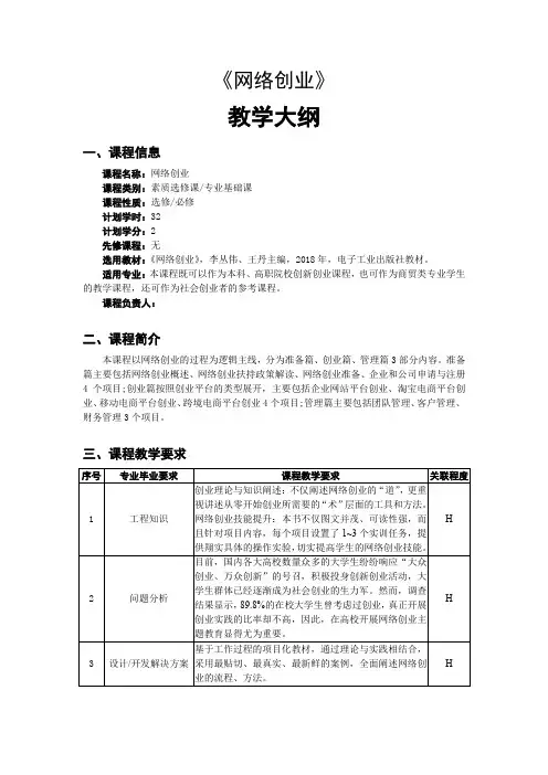 网络创业-教学大纲、授课计划