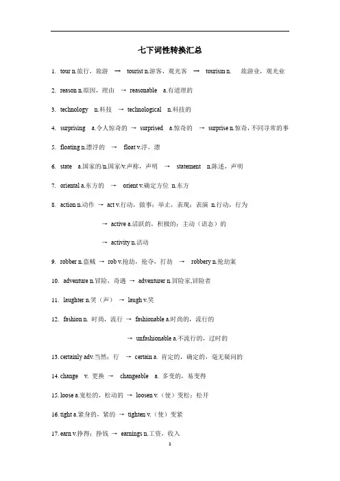 牛津上海版英语七年级下册词性转换汇总