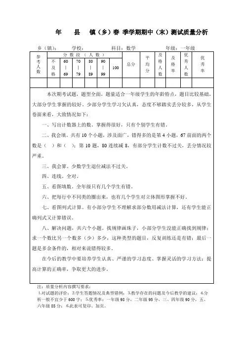 一年级数学质量分析表3