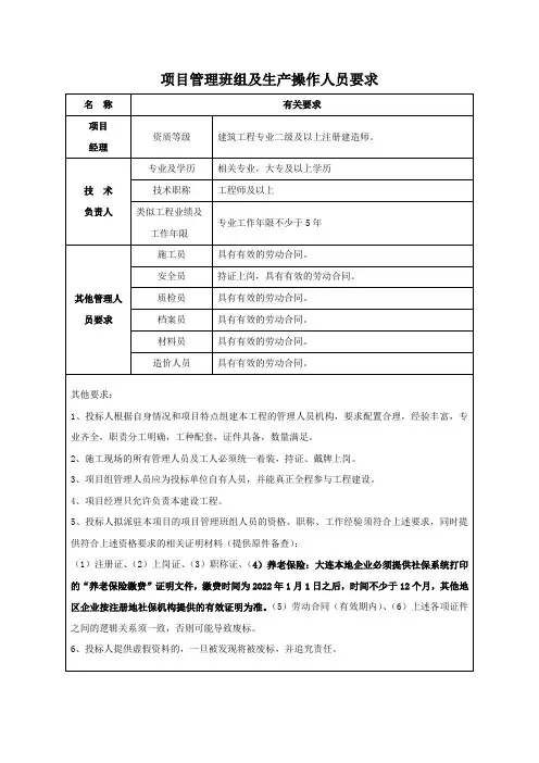 招标项目管理班组及生产操作人员要求(模板)