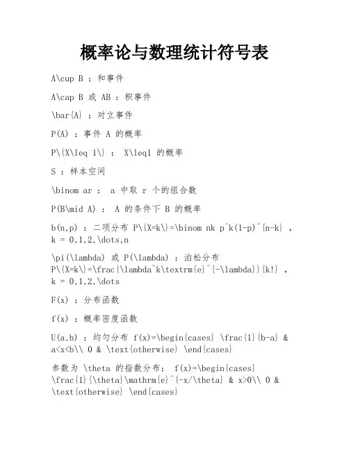 概率论与数理统计符号表 