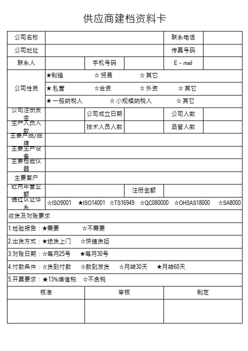 供应商建档资料卡
