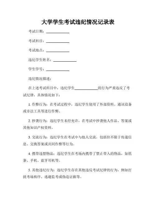 大学学生考试违纪情况记录表