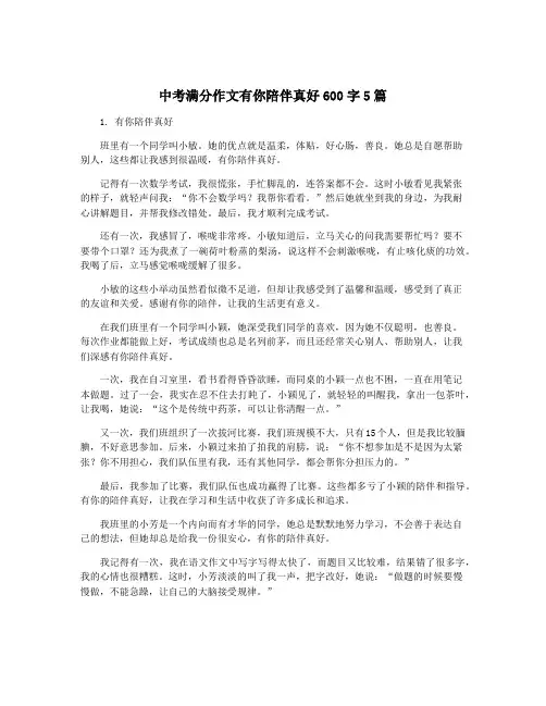 中考满分作文有你陪伴真好600字5篇