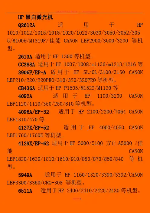 打印机硒鼓通用型号统计表