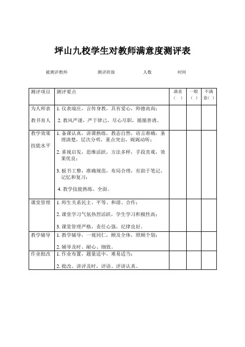 学生对教师的课堂教学评价表