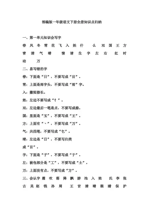【人教部编版】2018年小学语文一年级下册：知识点全归纳(14页)