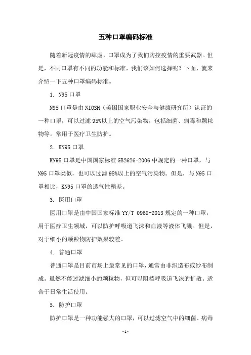 五种口罩编码标准