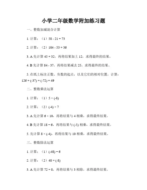 小学二年级数学附加练习题