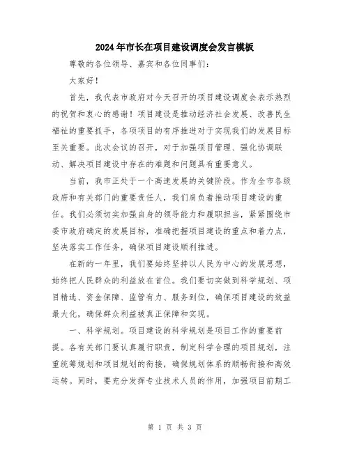 2024年市长在项目建设调度会发言模板