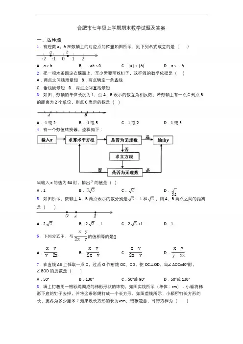合肥市七年级上学期期末数学试题及答案