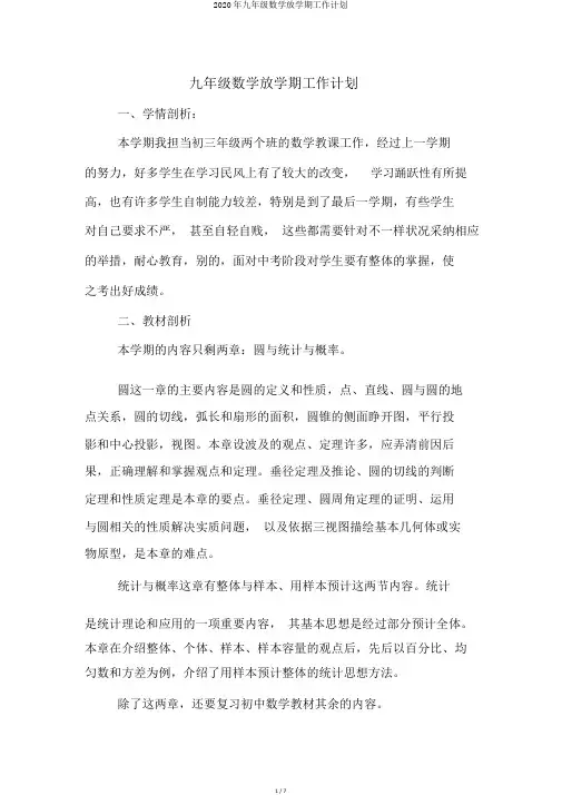 2020年九年级数学下学期工作计划
