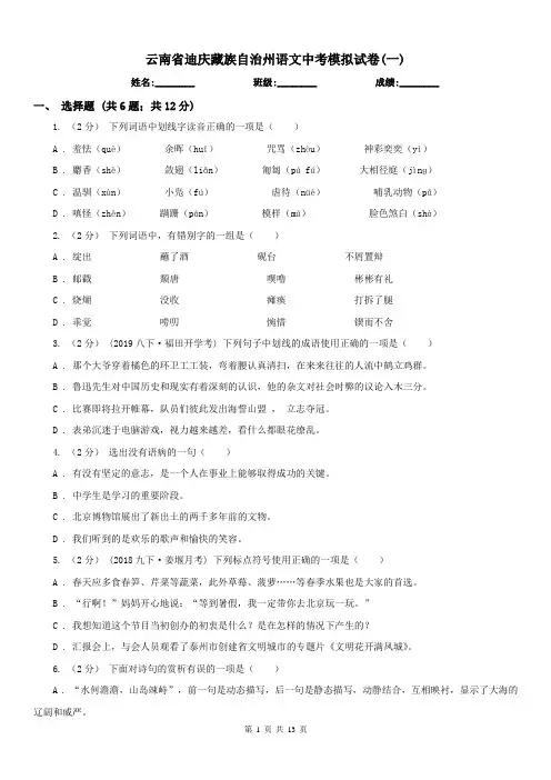 云南省迪庆藏族自治州语文中考模拟试卷(一)