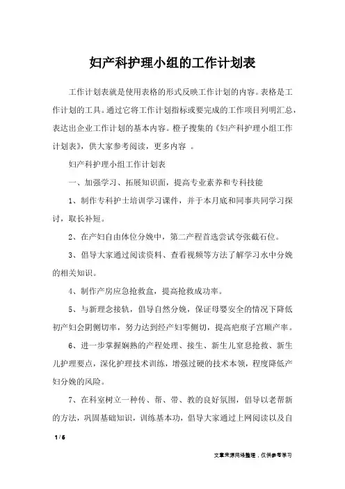 妇产科护理小组的工作计划表_工作计划