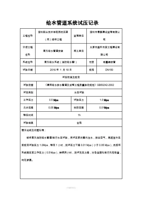 给水管道试压检查记录
