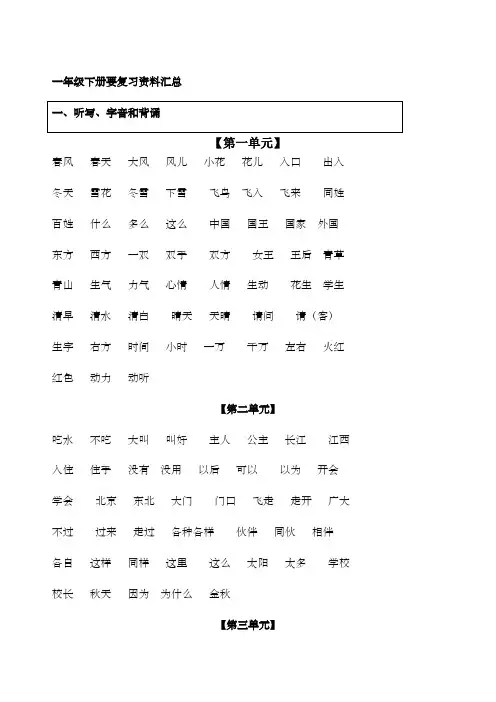(完整版)人教版一年级语文下册复习资料汇总