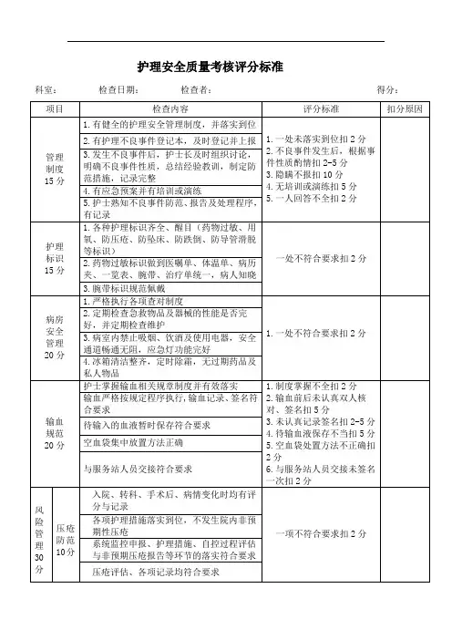 (最新)护理安全质量考核评分标准