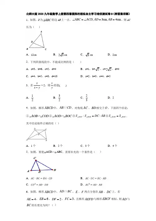 北师大版2020九年级数学上册第四章图形的相似自主学习培优测试卷B(附答案详解)