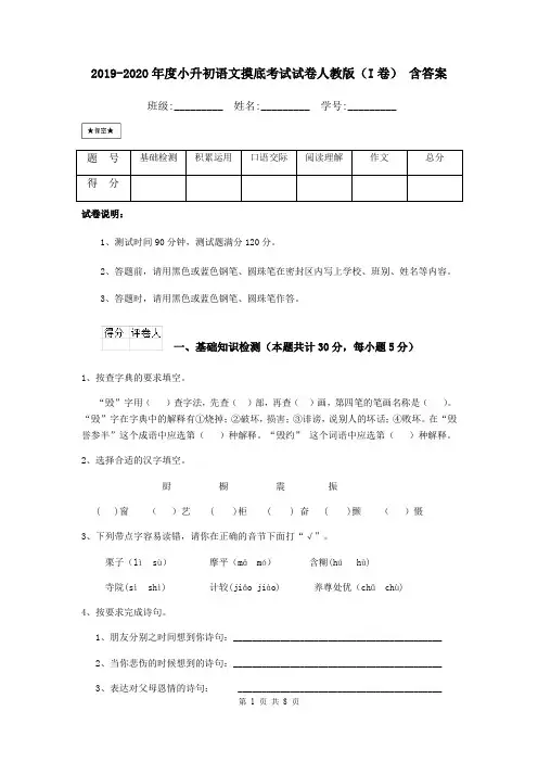2019-2020年度小升初语文摸底考试试卷人教版(I卷) 含答案