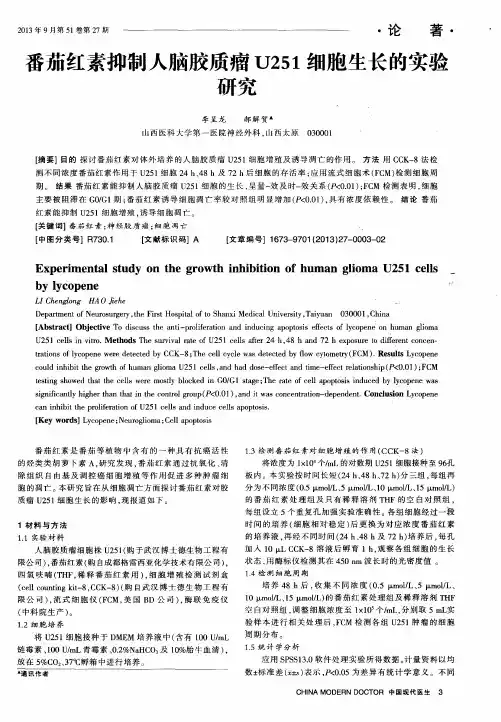 番茄红素抑制人脑胶质瘤U251细胞生长的实验研究