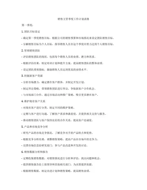 销售主管季度工作计划表格