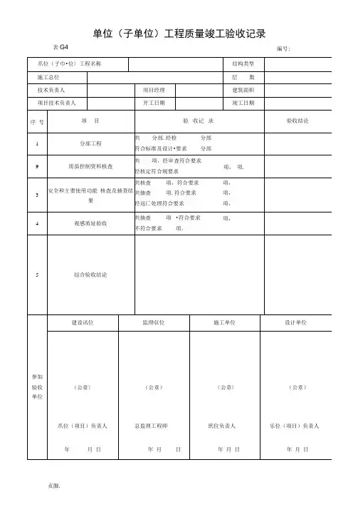 市政工程竣工验收表格模板