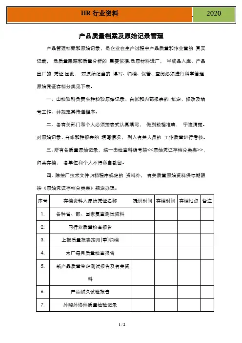 产品质量档案及原始记录管理规定
