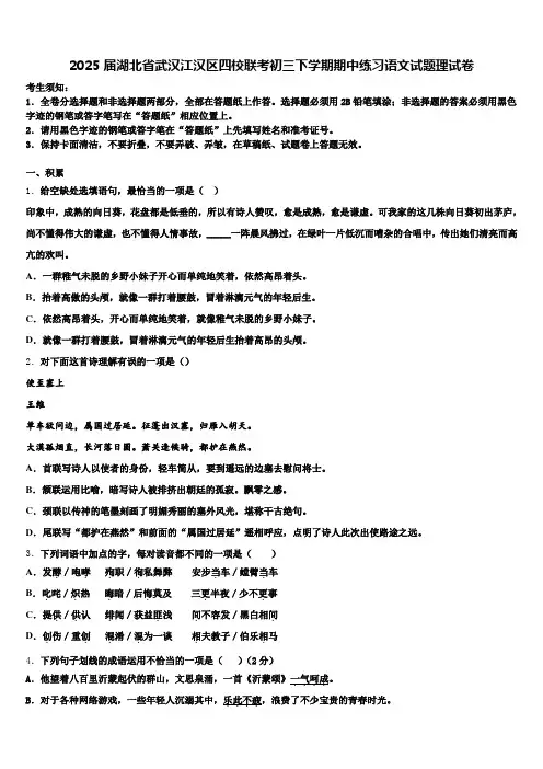 2025届湖北省武汉江汉区四校联考初三下学期期中练习语文试题理试卷含解析