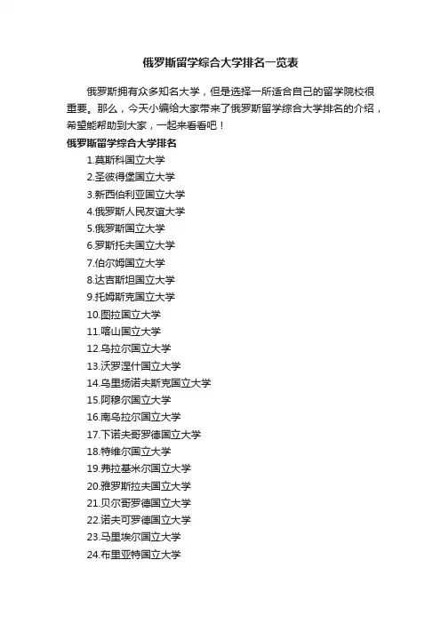 俄罗斯留学综合大学排名一览表