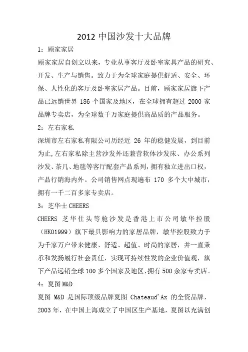 2012中国沙发十大排名