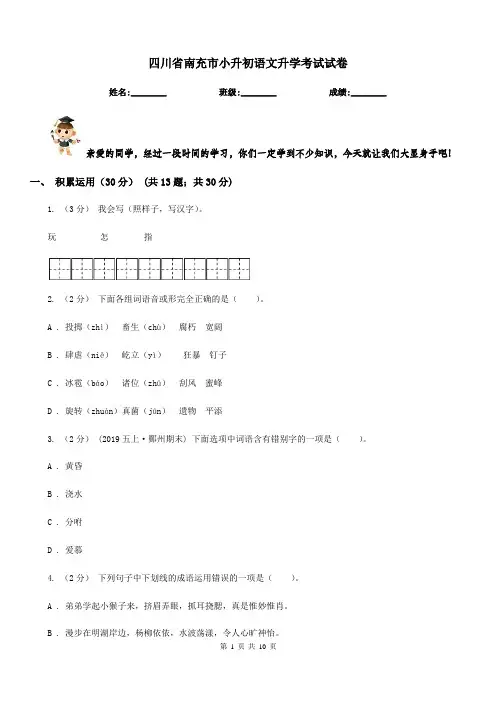 四川省南充市小升初语文升学考试试卷