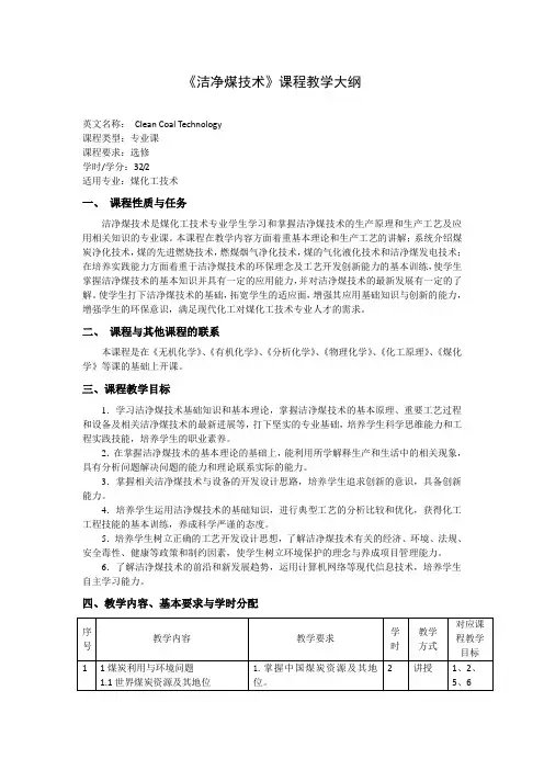 《洁净煤技术》课程教学大纲(本科)
