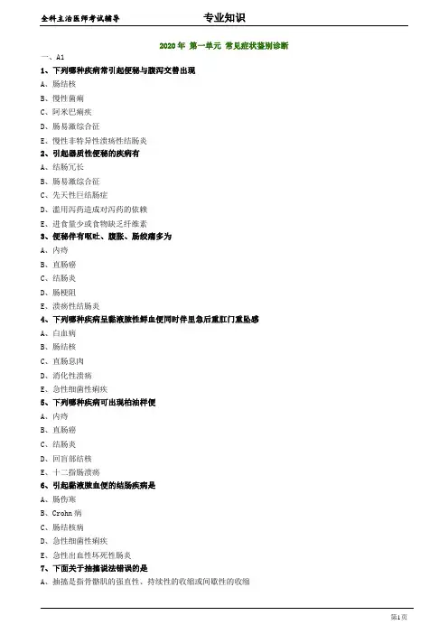 全科医学主治医师专业知识：2020年 第一单元 常见症状鉴别诊断 练习题及答案