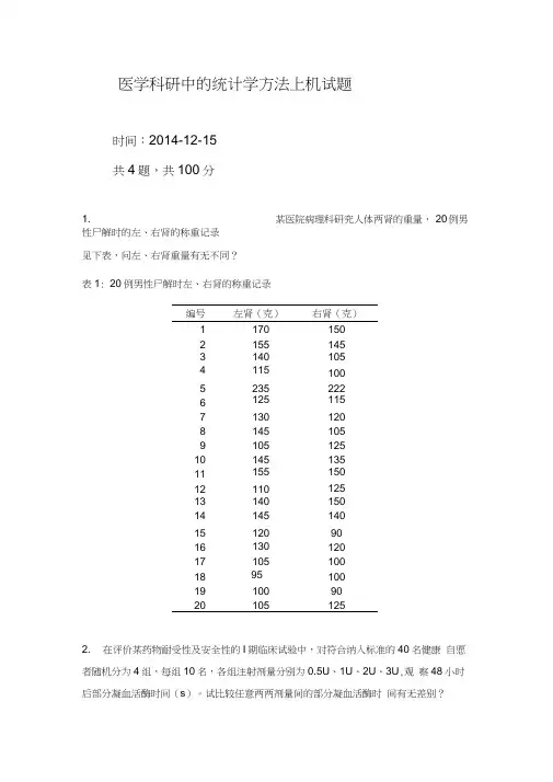 研究生医学统计学上机试题