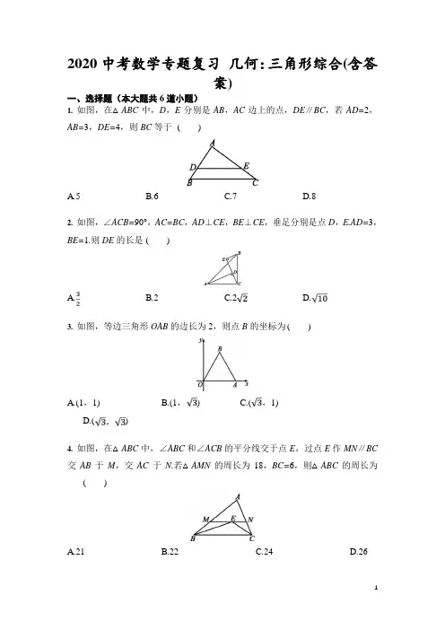 2020年九年级中考数学专题复习几何：三角形综合(含答案)