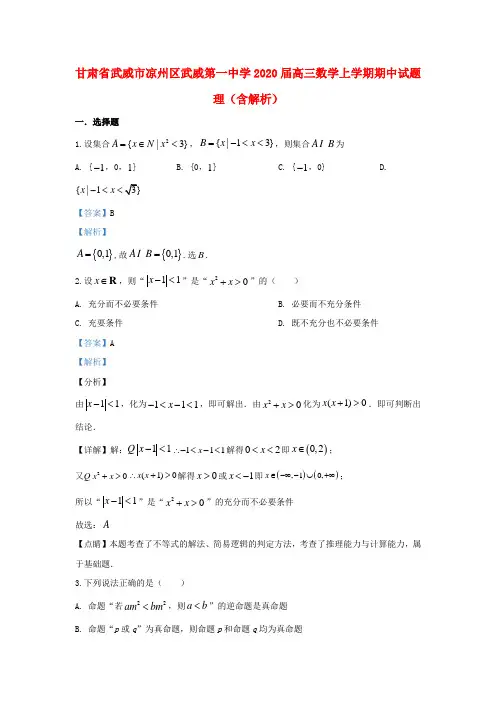 甘肃省武威市凉州区武威第一中学2020届高三数学上学期期中试题理(含解析)