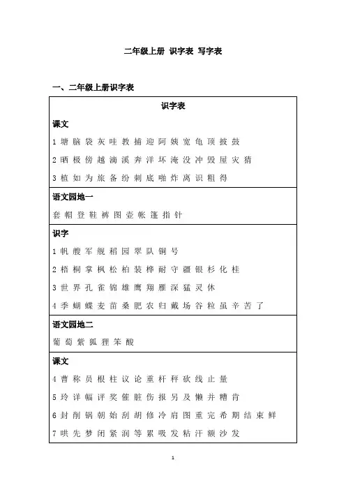 二年级上册 识字表 写字表