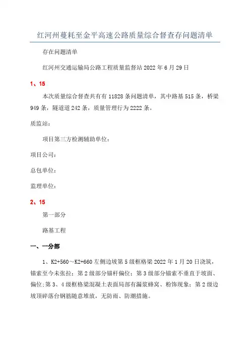 红河州蔓耗至金平高速公路质量综合督查存问题清单