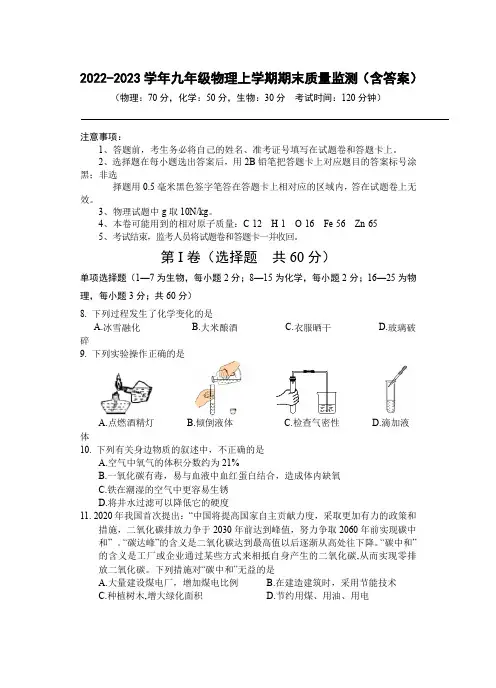 2022-2023学年九年级物理上学期期末质量监测(含答案)