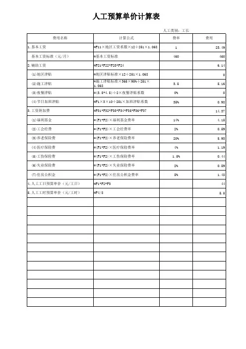 人工预算单价计算表