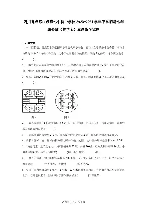 四川省成都市成都七中初中学校2023-2024学年下学期新七年级分班(奖学金)真题数学试题