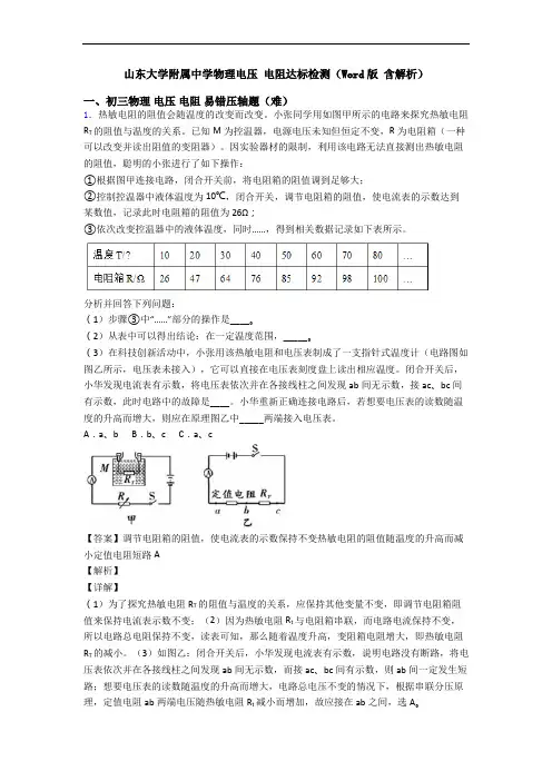 山东大学附属中学物理电压 电阻达标检测(Word版 含解析)