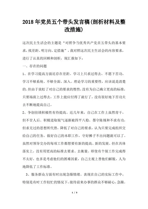党员五个带头发言稿剖析材料及整改措施