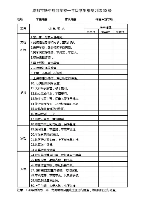一年级学生常规训练30条