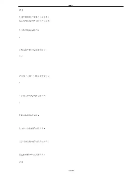 全国生物制药企业排名