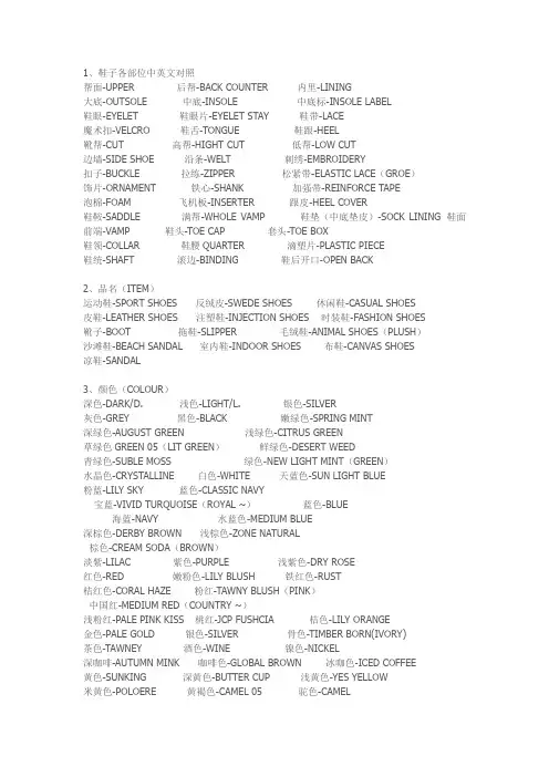 鞋子各部位中英文对照帮面-UPPER后帮-BACKCOUNTER内里